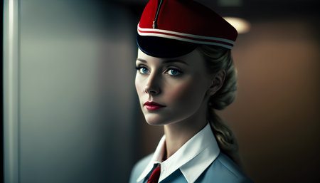 Portrait of beautiful stewardess in uniform. Retro style.の素材