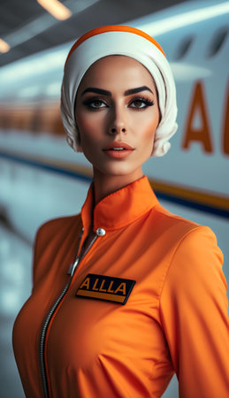 beautiful african american woman in orange suit and headscarfの素材