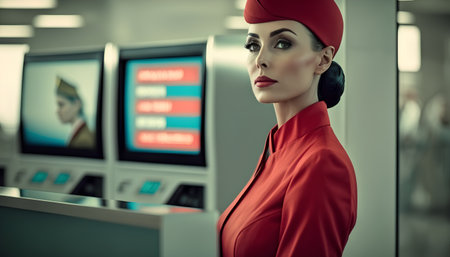 Beautiful woman in red suit at the airport. Retro style.の素材