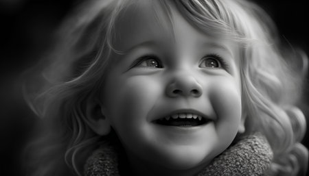 Portrait of a beautiful smiling little girl. Black and white.の素材