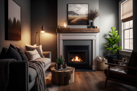 Cozy living room interior with fireplace, armchair and plants. 3d renderの素材