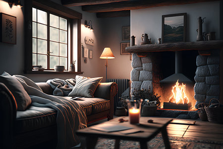 3D rendering of a cozy living room with fireplace and sofa.の素材
