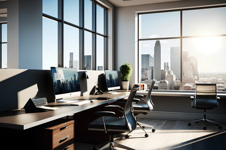 Interior of modern office with panoramic window and city view. 3D Renderingの素材