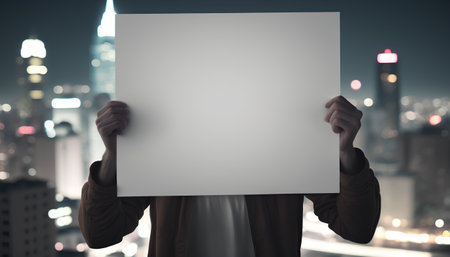 man holding a blank sheet of paper in front of his face at nightの素材
