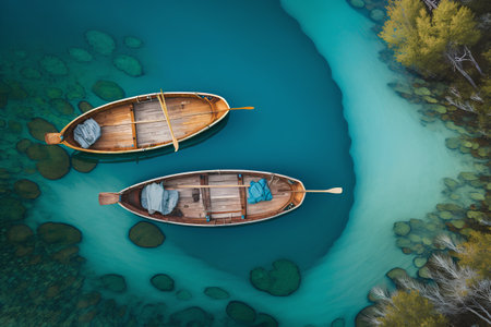 Aerial view of two wooden boats on the emerald lake.の素材