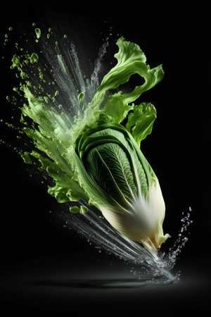 fresh green chinese cabbage with water splash isolated on black background.の素材
