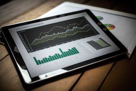 Tablet pc with financial charts and graphs on the screen. Business concept.の素材