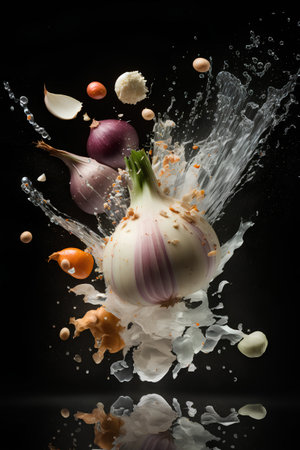 Fresh vegetables falling into water with splash on black background. Organic food concept.の素材