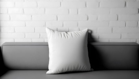Comfortable sofa with pillows on brick wall background, closeupの素材