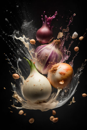 Fresh onions and garlic falling into water with splash isolated on black backgroundの素材