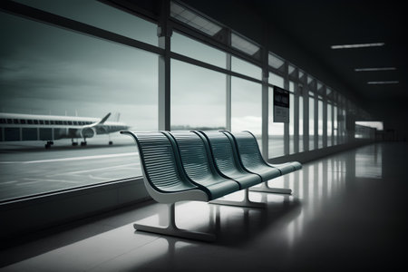 Airport waiting area with seats and airplane in the background (3d render)の素材