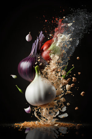 Composition with flying vegetables and splashes of water on black backgroundの素材