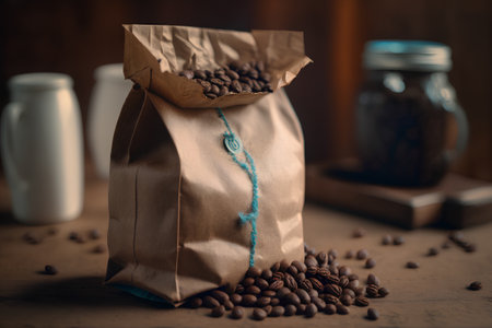 coffee beans in a paper bag on a wooden background. selective focusの素材