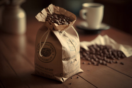Coffee beans in a paper bag and a cup of coffeeの素材