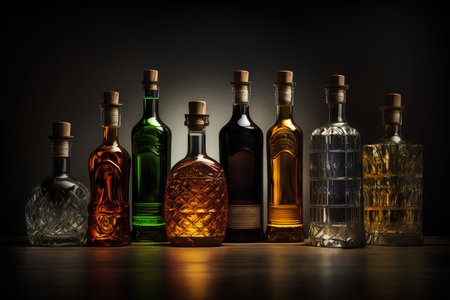 Bottles of different alcoholic beverages on a dark background. Toned.の素材