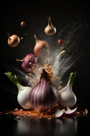 Composition with flying onion bulbs, garlic and spices on black backgroundの素材