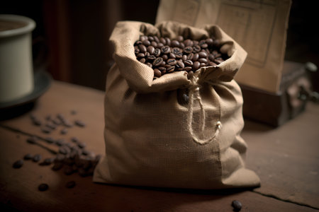 Coffee beans in a bag on a wooden table. Selective focus.の素材