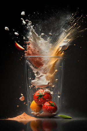 Fresh tomatoes falling into a glass with splashes of juice on a black backgroundの素材