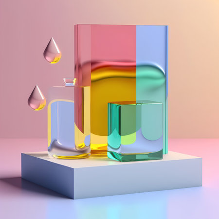 3d rendering abstract geometric forms. Glossy glass cubes with liquid drops on colorful background.の素材