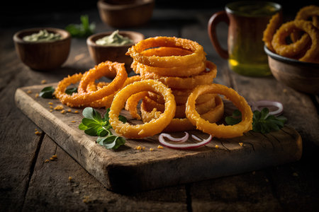 Fried onion rings on rustic wooden background, selective focus.の素材
