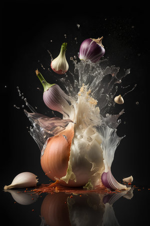 Fresh vegetables falling into water on a black background with splashes.の素材