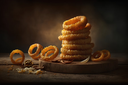 Tasty orange rings on a wooden board over dark background. Toned.の素材