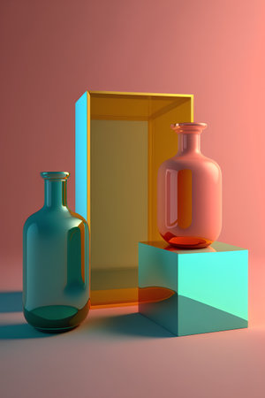 3d illustration of a bottle and a box on a colored backgroundの素材