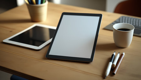 Mockup image of tablet pc with blank white screen on wooden tableの素材