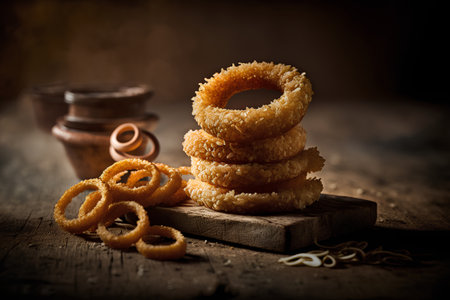 Fried onion rings on rustic wooden background, selective focus.の素材