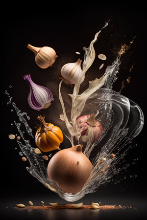 Flying onions and garlic with splashes of oil on a black backgroundの素材