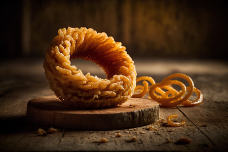 Crispy deep-fried dough stick on a wooden background.の素材