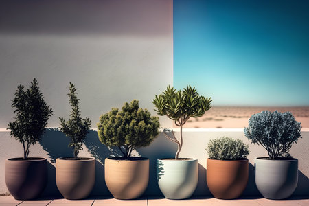 Decorative plants in pots on the terrace of a modern houseの素材