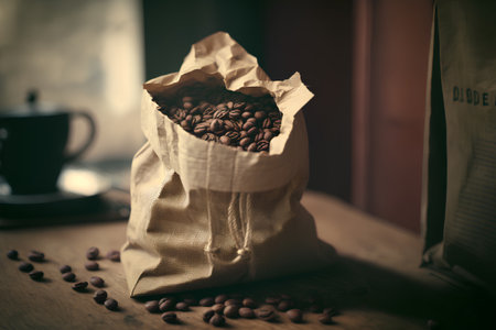 Coffee beans in a paper bag on a wooden table, selective focusの素材
