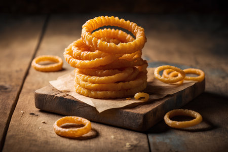 dried orange rings on rustic wooden background, selective focus.の素材