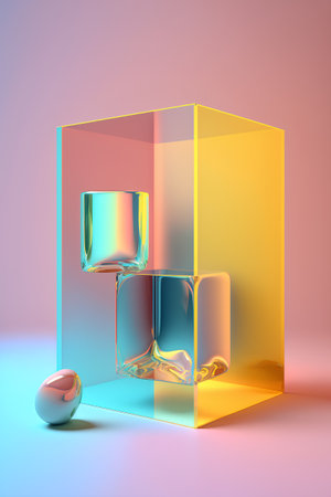 Transparent cubes with ice cubes on a colorful background. 3d renderingの素材