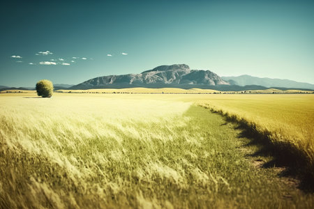 Beautiful summer landscape with meadow and mountain. Retro style.の素材