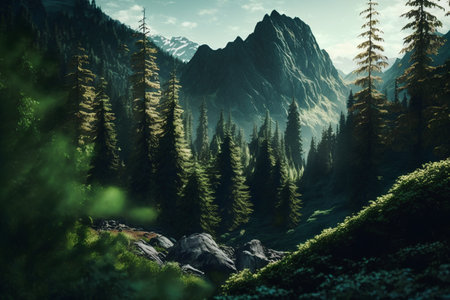 Mountain landscape with coniferous forest and rocks in the foregroundの素材