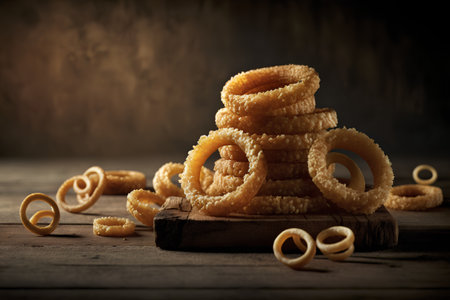Crispy fried onion rings on rustic wooden background, selective focusの素材