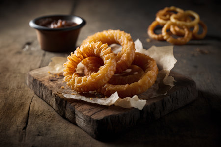Fried onion rings with sweet chilli sauce on rustic wooden backgroundの素材