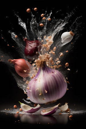 Fresh red onions falling into water with splash isolated on black background.の素材
