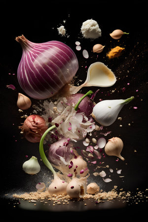 Composition with flying garlic, onions and spices on a black backgroundの素材
