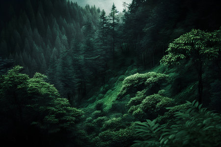 Fantastic view of green forest in a foggy day.の素材