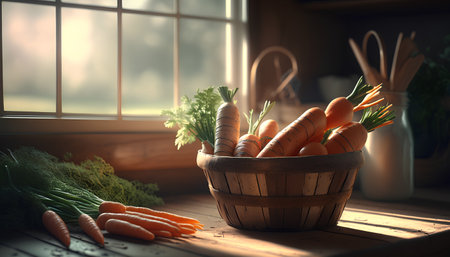 Basket with fresh carrots on wooden table in kitchen. Selective focusの素材