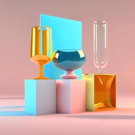 Glasses on pedestal. 3d render. Abstract background.の素材