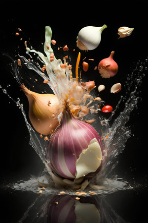 Fresh onions falling into water with splash, isolated on black background.の素材