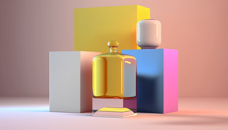 3d render of a bottle of perfume on a colorful background.の素材