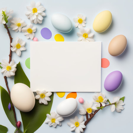 Easter greeting card with eggs, flowers and leaves on blue backgroundの素材