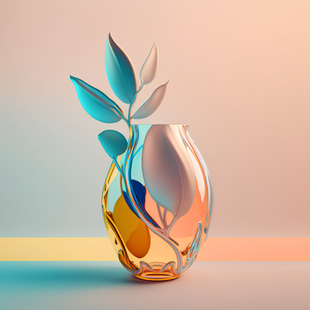3d render of glass vase with blue and orange leaves on pastel backgroundの素材