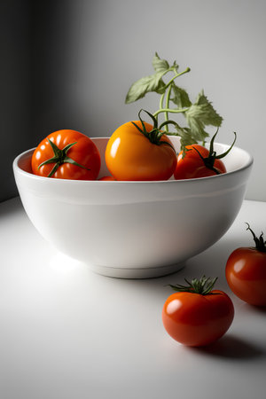 Tomatoes in a white bowl on a gray background. Selective focus.の素材