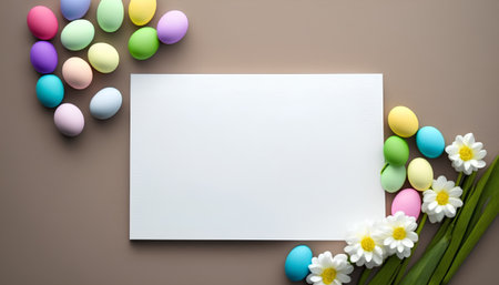 Easter greeting card mockup with eggs and spring flowers on brown backgroundの素材